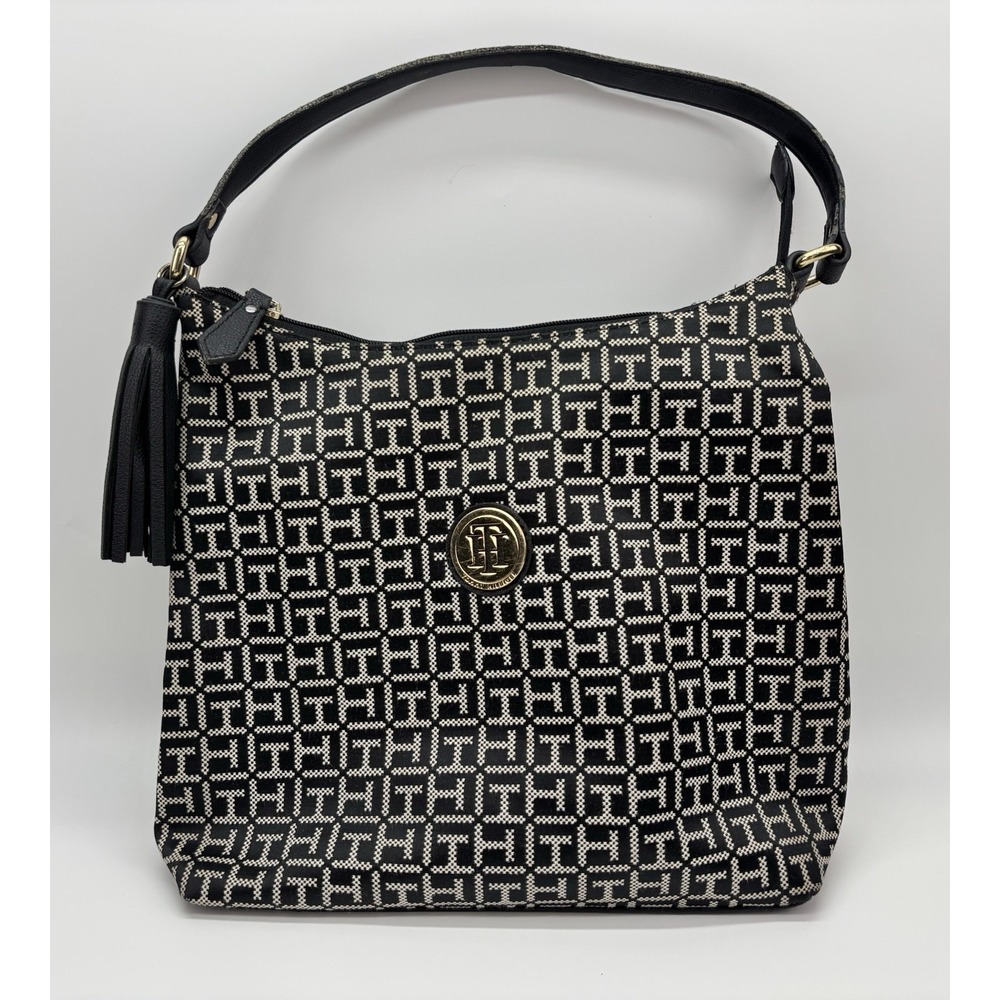 Tommy‎ Hilfiger Black White Monogram Shoulder Bag TH Logo Tassel Purse Tote